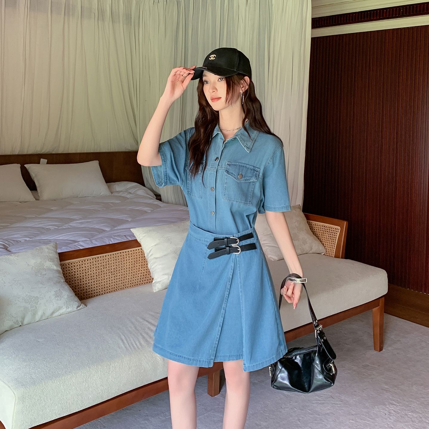 夏季复古时尚显瘦牛仔连衣裙小众不规则短款裙子韩单外贸外贸爆 服裝批發女裝批發服飾貨源
