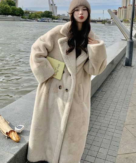겨울 환경 보호 모피 모방 밍크 플리스 롱 코트 루즈핏 두꺼운 플러스 면 보온 정장 칼라 모피 외투 여성