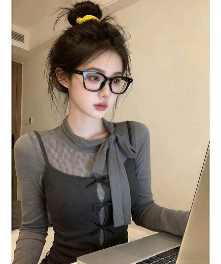 원본 레이스 사람들 면 나비 넥타이 슬립 여성 봄 스택 착용 몸매 가꾸기 인사이드 잡아라. 의류 투피스 세트