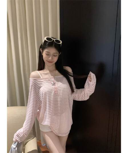 원본 것 라이 경기 서울 스트라이프 긴팔 티셔츠 얇은 스타일 자외선 차단 블라우스 루즈핏 오프숄더 맨위 한국 대외 무역
