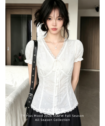 자카드 순면 원단 네리 소녀 레이스 물결무늬 칼라 자수 꽃무늬 스트랩 슬림해 보이는 쇼트 스타일 작은 맨위