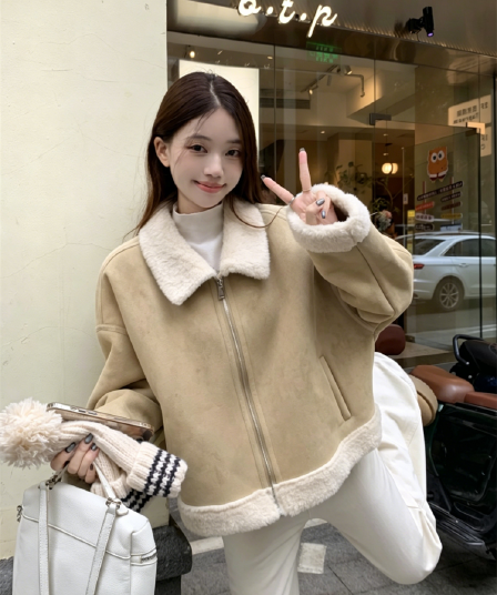 사슴 캐시미어 복합 양 타조 울 폴로 칼라 여성 코트 한국 스타일 겨울 두꺼운 피모 하나 보온 재킷 여성 재킷