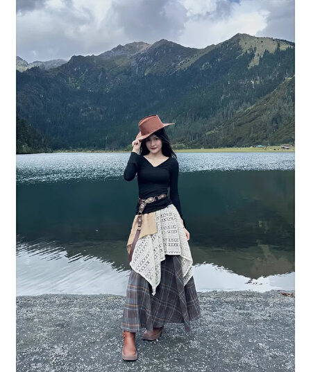 센 부서 불규칙 패치워크 반신 스커트 여성 가을 일본식 레트로 체크무늬 배색 하이웨이스트 슬림해 보이는 한 마디 레이스 드레스