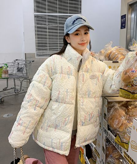 실사 무지개 압력 주름 새로운 아래 면화 의류 여성 짧은 한 부서 패션 루즈핏 학생 패딩 재킷 면 옷 재킷