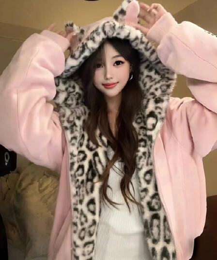 귀여운 귀 핑크색 레오파드 무늬 플리스 후드 티 스웨터 여자 가을 겨울 루즈핏 털이 있는 보온 지퍼 면 의류 재킷
