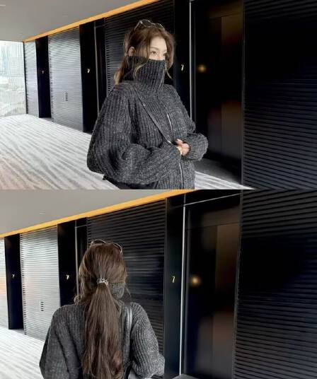 한 부서 레트로 지퍼 터틀넥 스웨터 여자 가을 겨울 느긋한 고급 센스 루즈핏 두꺼운 선 두꺼운 스타일 니트 카디건 코트