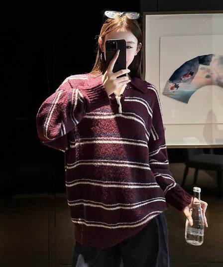 아메리칸 레트로 배색 스트라이프 oversize 폴로 칼라 디자인 센스 니트 풀오버 한 싱글 대외 무역 국경 간