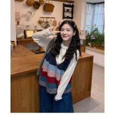 批发彩虹条纹V领针织开衫马甲背心百搭上衣女显瘦宽松<b class='q'>韩国</b>外贸跨境