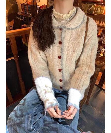 한 부서 달콤함 배색 베이비 칼라 꽈배기 스웨터 여자 가을 겨울 우유 씽 하는 소리 작은 키 부드러운 찹쌀 니트 카디건 코트