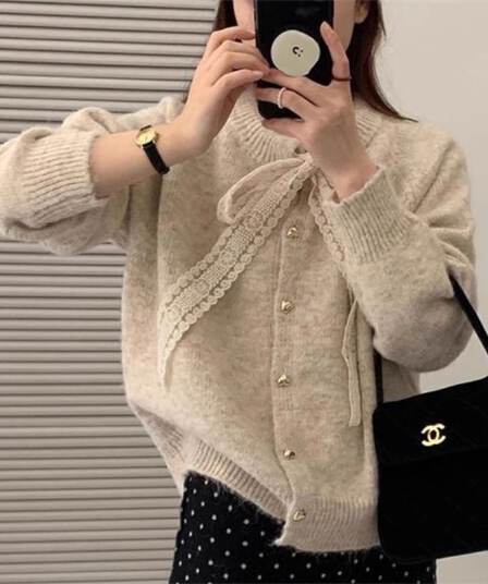 프랑스식 달콤함 부드러운 바람 하트 단추 니트 오픈 가디건 여성 가을 겨울 슈퍼 잘 생긴 레이스 나비 매듭 스웨터 코트