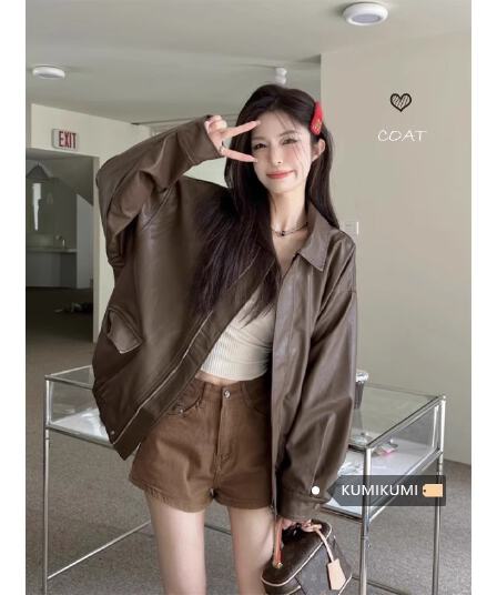 원본 것 아메리칸 레트로 가죽 재킷 재킷 여성 코트 가을 달콤한 차가운 바람 오토바이 PU 가죽 루즈핏 긴팔 맨위