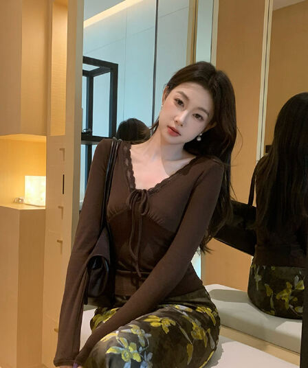 모방 면 리브 빛 성숙한 여인 인사이드 가져 가라. 긴팔 티셔츠 가을 몸매 가꾸기 레이스 슬림해 보이는 맨위 한국 대외 무역