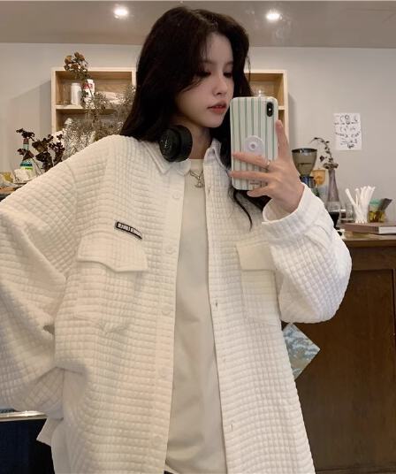 원본 것 여성 코트 봄 디자인 센스 작은 대중 POLO 칼라 후아 남편 그리드 셔츠 높음 거리 재킷 맨위
