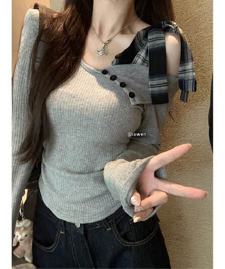 리브 오프숄더 회색 기본 셔츠 여성 의류 이른 가을 달콤한 핫걸 나비 매듭 오프숄더 인사이드 가져 가라. 쇼트 스타일 맨위