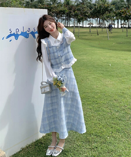 파란색 체크무늬 작은 샤넬 스타일 세트 드레스 여성 봄 가을 2026 새로운 고급 센스 슈퍼 화재 인터넷 유명인 폭발 투피스 세트