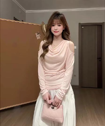 디스플레이 화이트 부드러운 안개 센스 얕은 분말 품격 흔들다 칼라 오프숄더 긴팔 자외선 차단 블라우스 여성 여름 얇고 가벼운 통기성 티셔츠 맨위