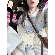 费尔岛复古提花撞色菱格毛衣女冬季小众宽松软糯上衣韩国外贸跨境