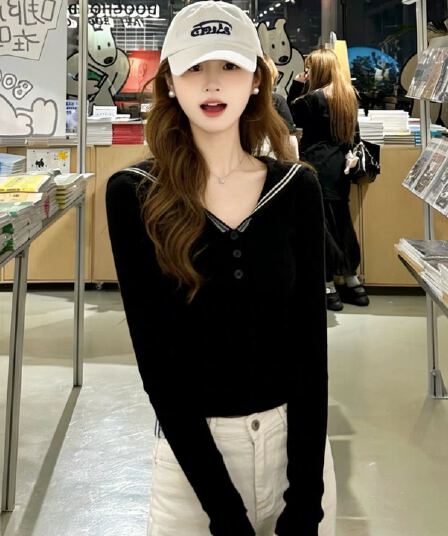 한 부서 겨울 새로운 품격 슬림해 보이는 몸매 가꾸기 학원 스타일 해군 칼라 긴팔 니트 기본 셔츠 여성