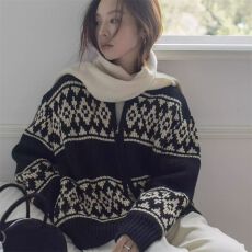 批发新款冬季拉链针织衫慵懒上衣针织开衫复古提花毛衣外套<b class='q'>女</b>秋冬宽松