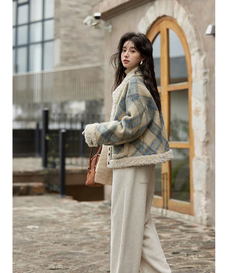 체크무늬 레트로 어린 양 재킷 체크무늬 가을 겨울 겨울 새로운 모직 루즈핏 두꺼운 모직 코트 외부 싱글 폭발