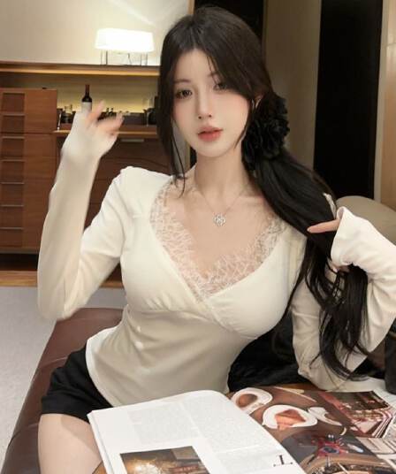 사람들 면 연삭 털 화이트 비틀림 레이스 긴팔 티셔츠 여성 가을 섹시함 품격 허리 수축 니트 기본 셔츠 맨위