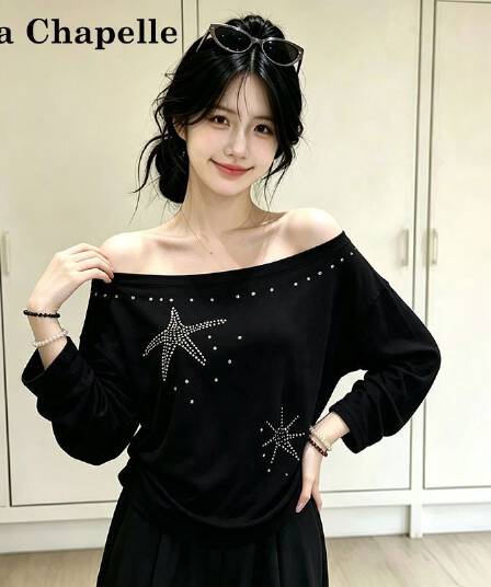 열세 개 여름 한국 스타일 외국 가스 디자인 핫픽스 오각형 별 비스듬한 어깨 자외선 차단 외출용 블라우스 긴팔 맨위 여성 트렌디