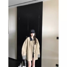 批发Skk Store 高智巴恩风 卡其色风衣撞色格纹拼接短款宽松外套女秋