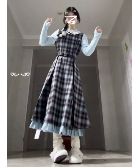 2026 이른 가을 새로운 레트로 페이크 레이어드 블루 브라운 나비 매듭 패치워크 체크무늬 드레스 허리 수축 슬림해 보이는 롱 스커트