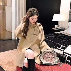 批发英伦风千金蝴蝶结立领风衣外套女装秋季新款小个子中长卡其色大衣