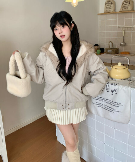실사 레트로 쇼트 스타일 좌 산 조각 여성 겨울 두꺼운 보온 모피 칼라 재킷 면 의류 해체 후드 면 옷 재킷