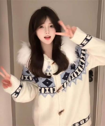 대 에디션 한 부서 귀여운 모피 칼라 후드 스웨터 여자 가을 겨울철 공정한 섬 자카드 루즈핏 니트 재킷
