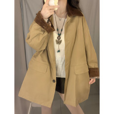 批发美拉德复古撞色翻领风衣外套女秋冬条纹今年流行爆款中长款小个子