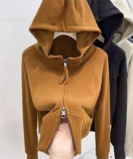 더블 지퍼 De 플러시 후드 티 스웨터 오픈 가디건 여성 코트 겨울 새로운 외부 가져 가라. 몸매 가꾸기 쇼트 스타일 보온 만나는 맨위