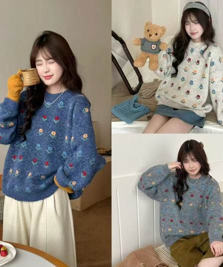작은 청신 자카드 라운드 넥 풀오버 스웨터 여자 가을 겨울 와이드 부드러운 찹쌀 달콤함 꽃 니트 스웨터 맨위