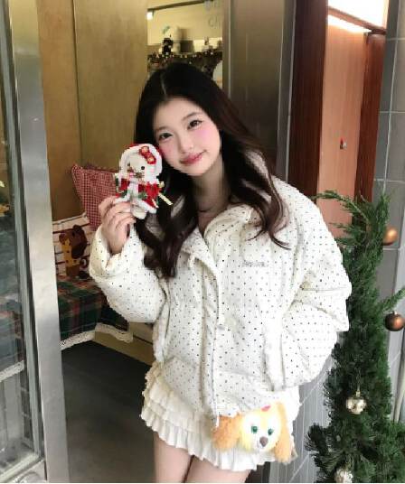 달콤함 도트 무늬 스탠드 칼라 아래 면화 의류 여성 겨울 작은 키 루즈핏 패딩 재킷 목화 진딧물 재킷 한국 대외 무역 폭발