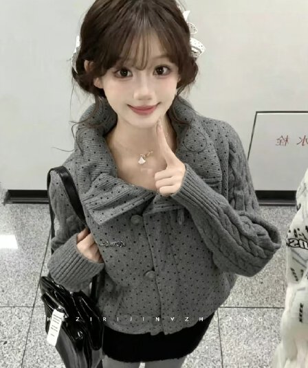 한 부서 달콤함 도트 무늬 니트 패치워크 긴팔 면 의류 여성 코트 겨울 루즈핏 두꺼운 쇼트 스타일 보온 패딩 재킷