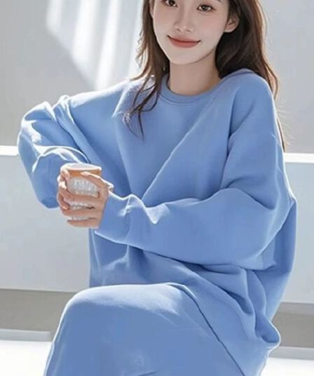 고급 센스 한 부서 전체 집합 봄 가을 캐주얼 루즈핏 단색 라운드 넥 후드티 와이드 레그 팬츠 투피스 세트 한국 대외 무역
