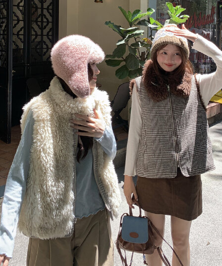 가을 겨울 새로운 양면 착용 천 그리드 버드 폴로 칼라 플리스 면 옷 베스트 조끼 여성 짧은 보온 한 부서 재킷