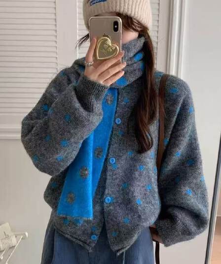 한 부서 도트 무늬 부드러운 찹쌀 다용도 스웨터 여성 코트 가을 겨울 새로운 루즈핏 슬림해 보이는 두꺼운 니트 오픈 가디건 목도리