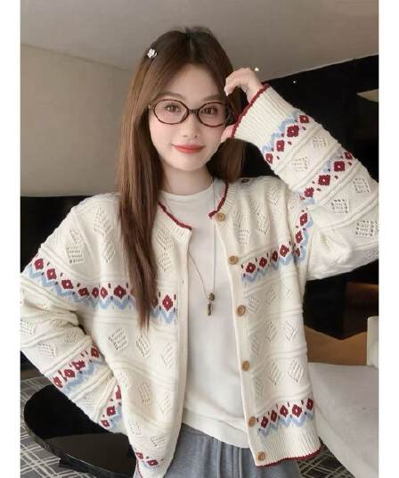레트로 공정한 섬 자카드 니트 오픈 가디건 여성 가을 겨울철 라운드 넥 부드러운 찹쌀 루즈핏 부드러운 바람 달콤함 스웨터 코트