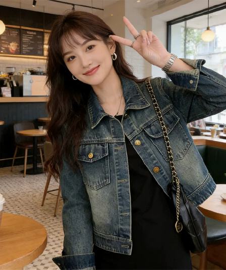 26 년 새로운 가을 캐주얼 데님 여성 코트 쇼트 스타일 봄 가을 루즈핏 레트로 항구 바람 다용도 작은 키 맨위