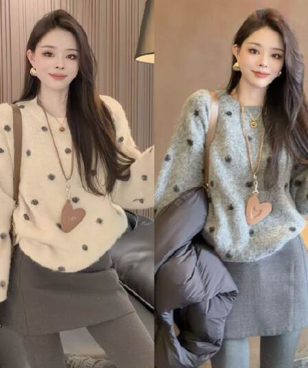 한 부서 느긋한 바람 패션 연령 감소 도트 무늬 라운드 넥 스웨터 여자 가을 겨울 새로운 루즈핏 슬림해 보이는 니트 만나는 맨위