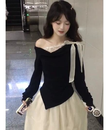 사람들 면 한 부서 레트로 흔들다 칼라 긴팔 티셔츠 여성 이른 가을 몸매 가꾸기 패치워크 레이스 디자인 센스 캐주얼 다용도 맨위