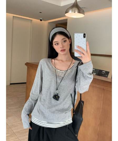눈꽃 면 화이트 스트라이프 페이크 레이어드 긴팔 티셔츠 여성 가을 한 부서 루즈핏 느긋한 바람 블라우스 맨위