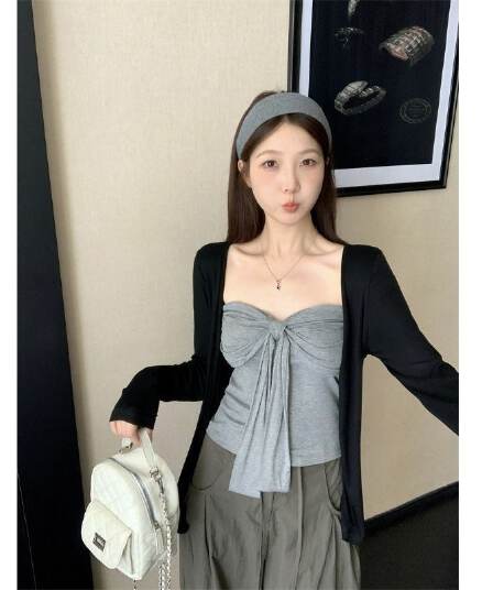 레트로 품격 패션 세트 여성 가을 검정색 오픈 가디건 스트랩 만나는 캐미솔 투피스 세트