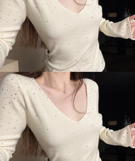 베이지 색 무거운 작업 핫픽스 V넥 니트 스웨터 여성 이른 가을 자이언트 잘 생긴 몸매 가꾸기 슬림해 보이는 인사이드 가져 가라. 신축성 만나는 맨위