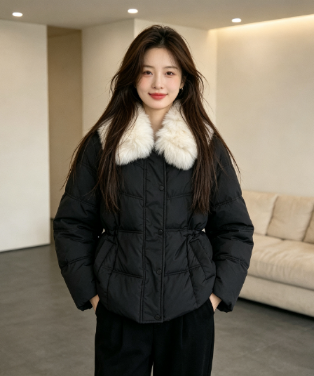 큰 모피 칼라 품격 폴로 칼라 허리 수축 슬림해 보이는 작은 키 연령 감소 면 의류 여성 코트 두꺼운 보온 루즈핏 빅 사이즈 트렌디