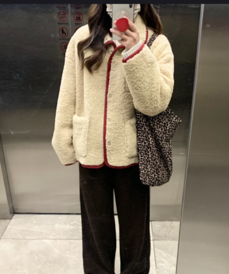 원본 원단 560 그램 한 번 작은 짭짤한 폴로 칼라 두꺼운 양털 플리스 여성 가을 겨울 빨간색 짧은 외투 보온