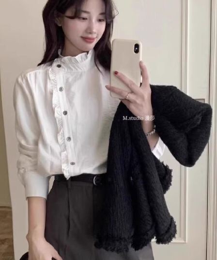 프랑스식 레이스 스탠드 칼라 여성 셔츠 디자인 센스 Chic 맨위 화이트 셔츠 2026 가을 레트로 루즈핏 작은 셔츠