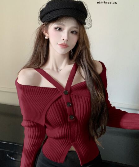 프랑스식 핫걸 빨간색 행침 목 오프숄더 니트 맨위 여성 가을 새로운 디자인 센스 작은 대중 스웨터 가을과 겨울